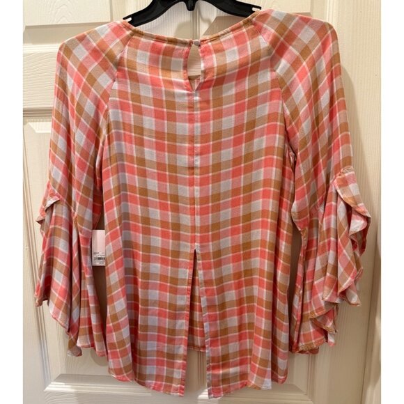 Lauren Conrad Womens Pink & Orange Plaid Bell Sleeve Blouse With Back Slit - Picture 2 of 15